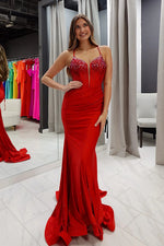 Sexy Spaghetti Straps Red Sleeveless Beaded Mermaid Backless Lace UP Prom Dress