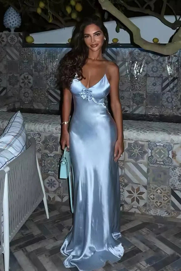 Mermaid Spaghetti Straps Grey Blue Long Prom Dress with 3D Flowers