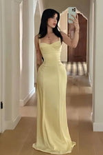 Stylish Mermaid Spaghetti Straps Yellow Long Prom Dress with Criss Cross Back