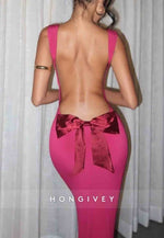 Stylish Backless Sheath Square Neck Long Party Dress with Bowknot