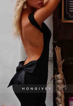 Stylish Backless Sheath Square Neck Long Party Dress with Bowknot