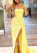 Stylish Side Draping Mermaid Strapless Yellow Long Prom Dress with Slit Front