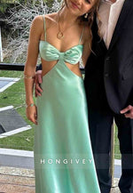 Stylish Turquoise Spaghetti Straps Waist Hollow Tie Back Long Satin Prom Dress