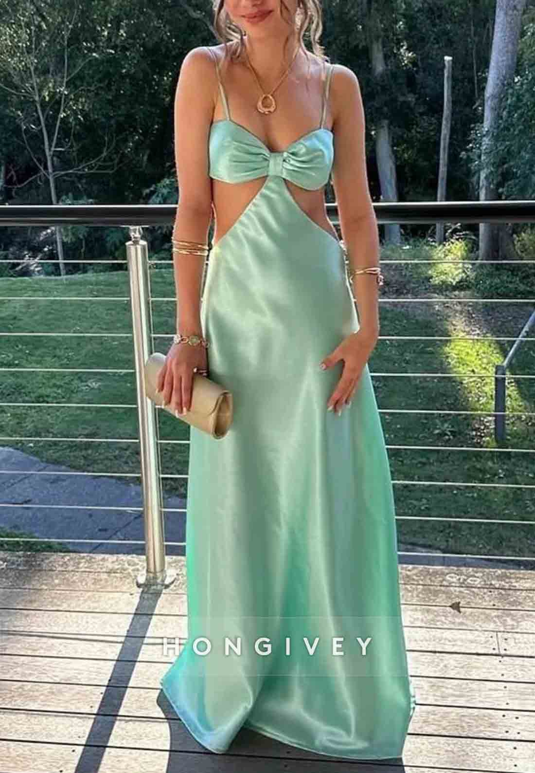 Stylish Turquoise Spaghetti Straps Waist Hollow Tie Back Long Satin Prom Dress