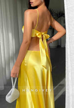 Stylish Turquoise Spaghetti Straps Waist Hollow Tie Back Long Satin Prom Dress