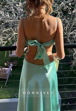 Stylish Turquoise Spaghetti Straps Waist Hollow Tie Back Long Satin Prom Dress