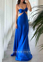 Stylish Turquoise Spaghetti Straps Waist Hollow Tie Back Long Satin Prom Dress
