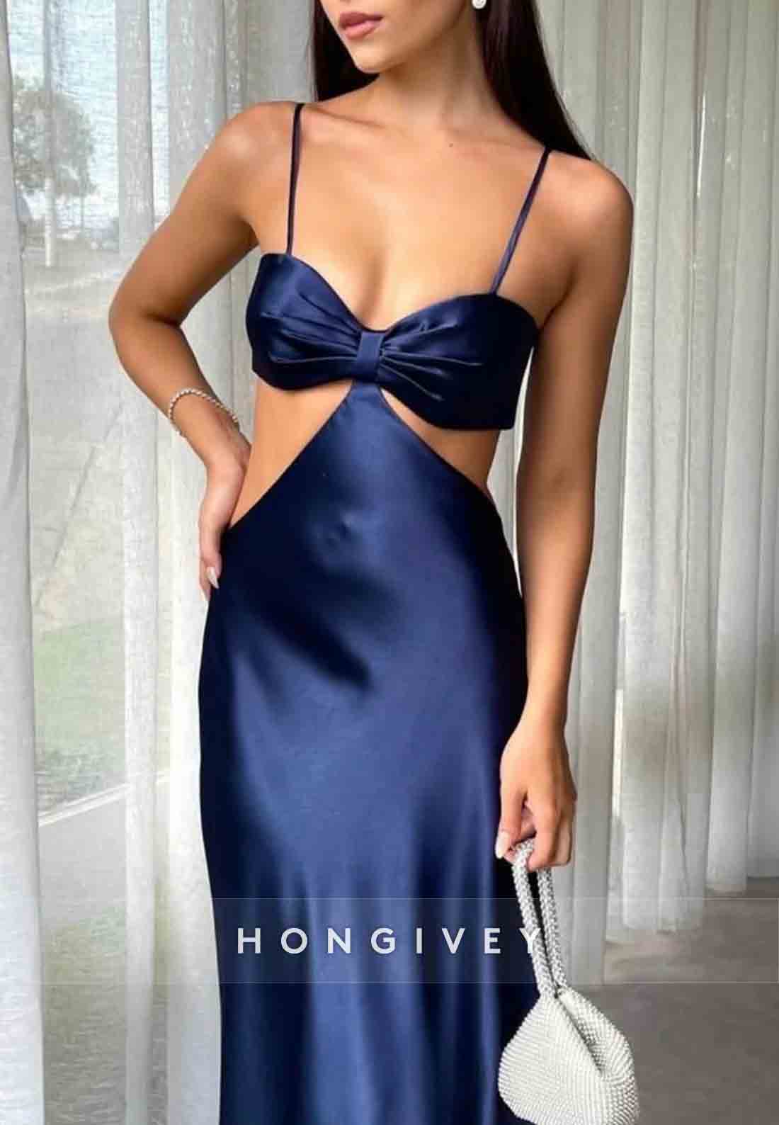 Stylish Turquoise Spaghetti Straps Waist Hollow Tie Back Long Satin Prom Dress