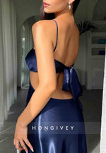 Stylish Turquoise Spaghetti Straps Waist Hollow Tie Back Long Satin Prom Dress