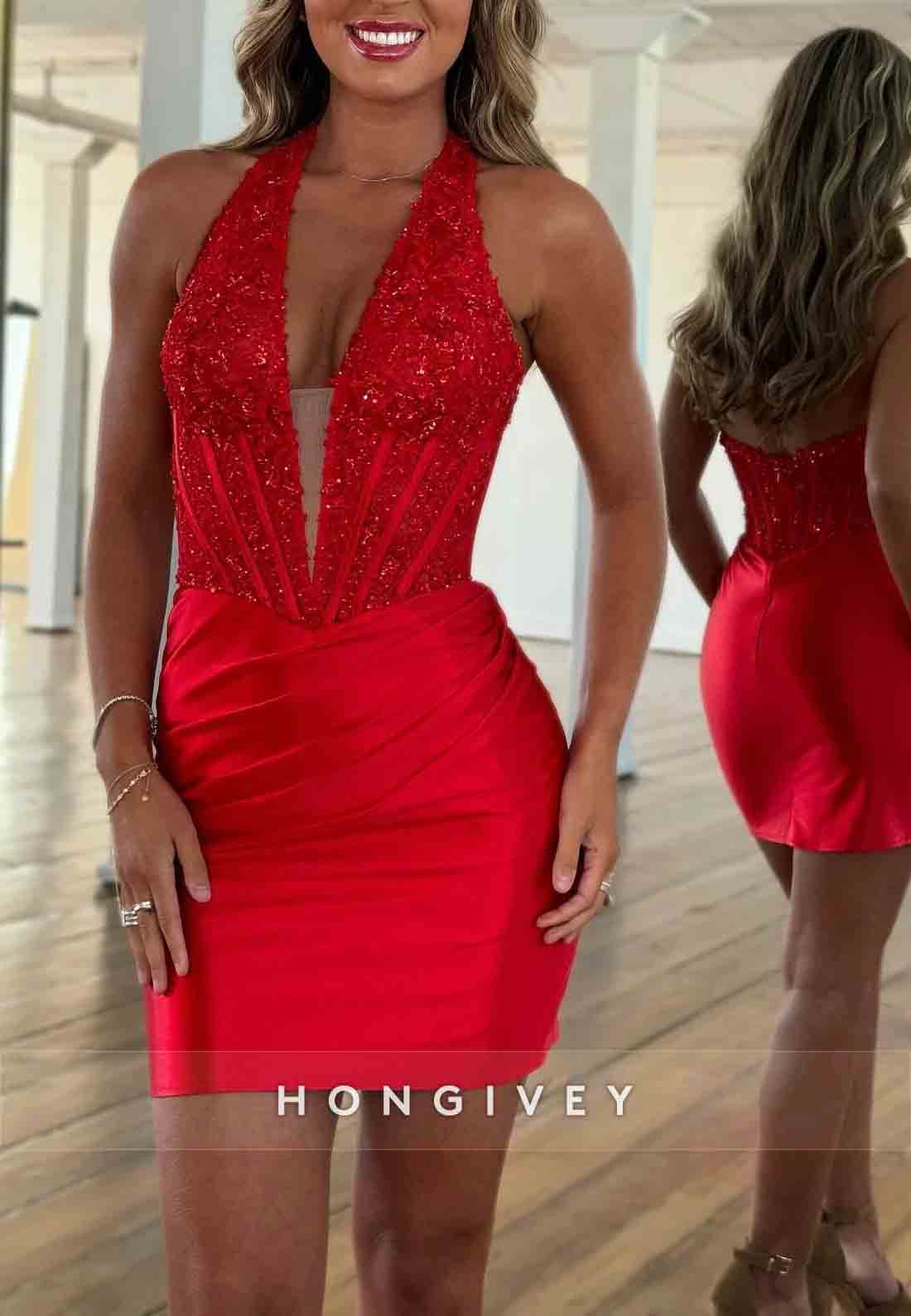 Stylish Sheath Halter Low V-Neck Red Corset Homecoming Dress with Appliques