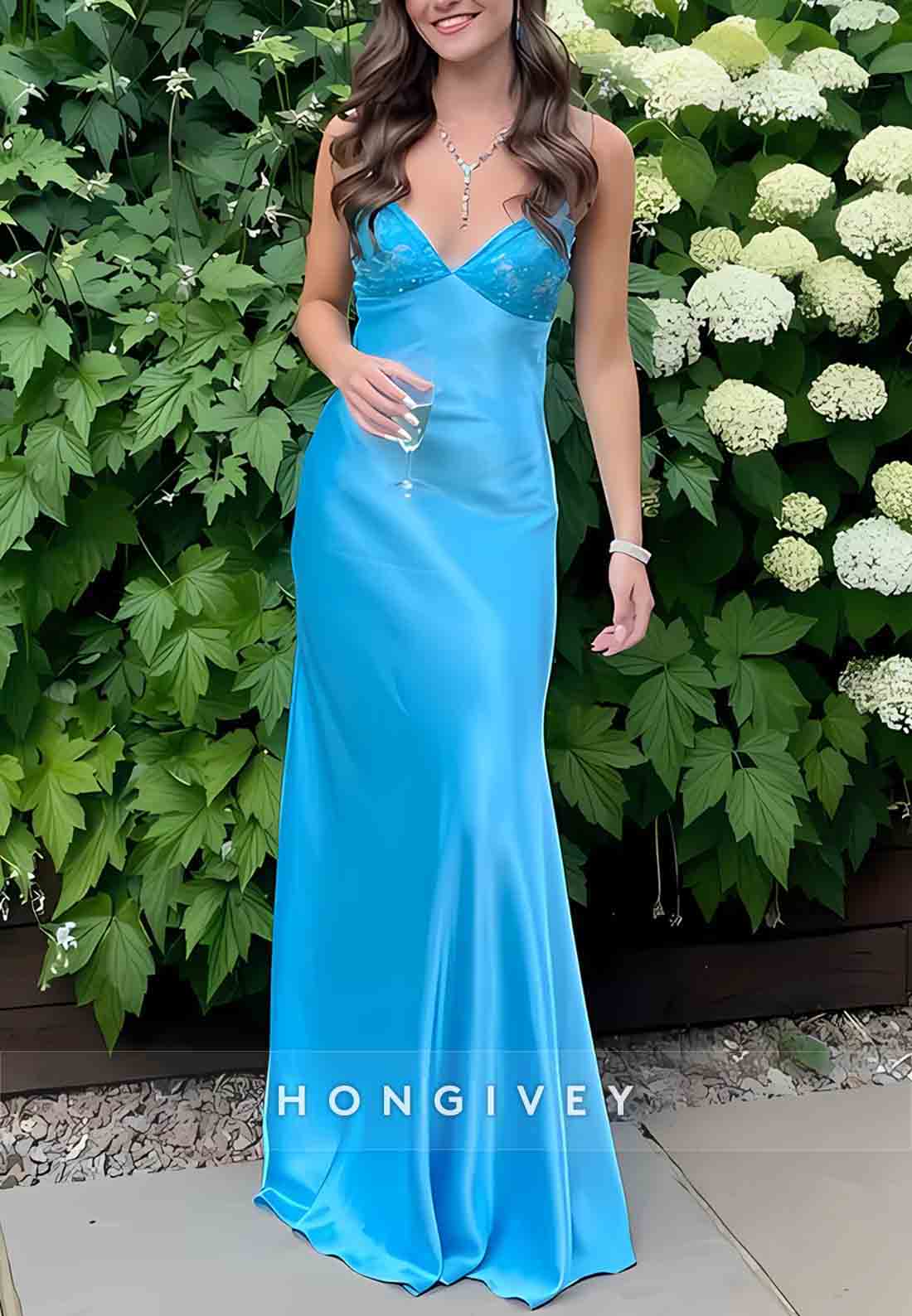 Stylish V-Neck Sheath Spaghetti Straps Blue Long Prom Dress with Backless