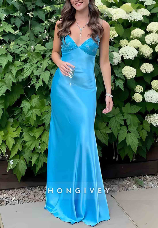 Stylish V-Neck Sheath Spaghetti Straps Blue Long Prom Dress with Backless