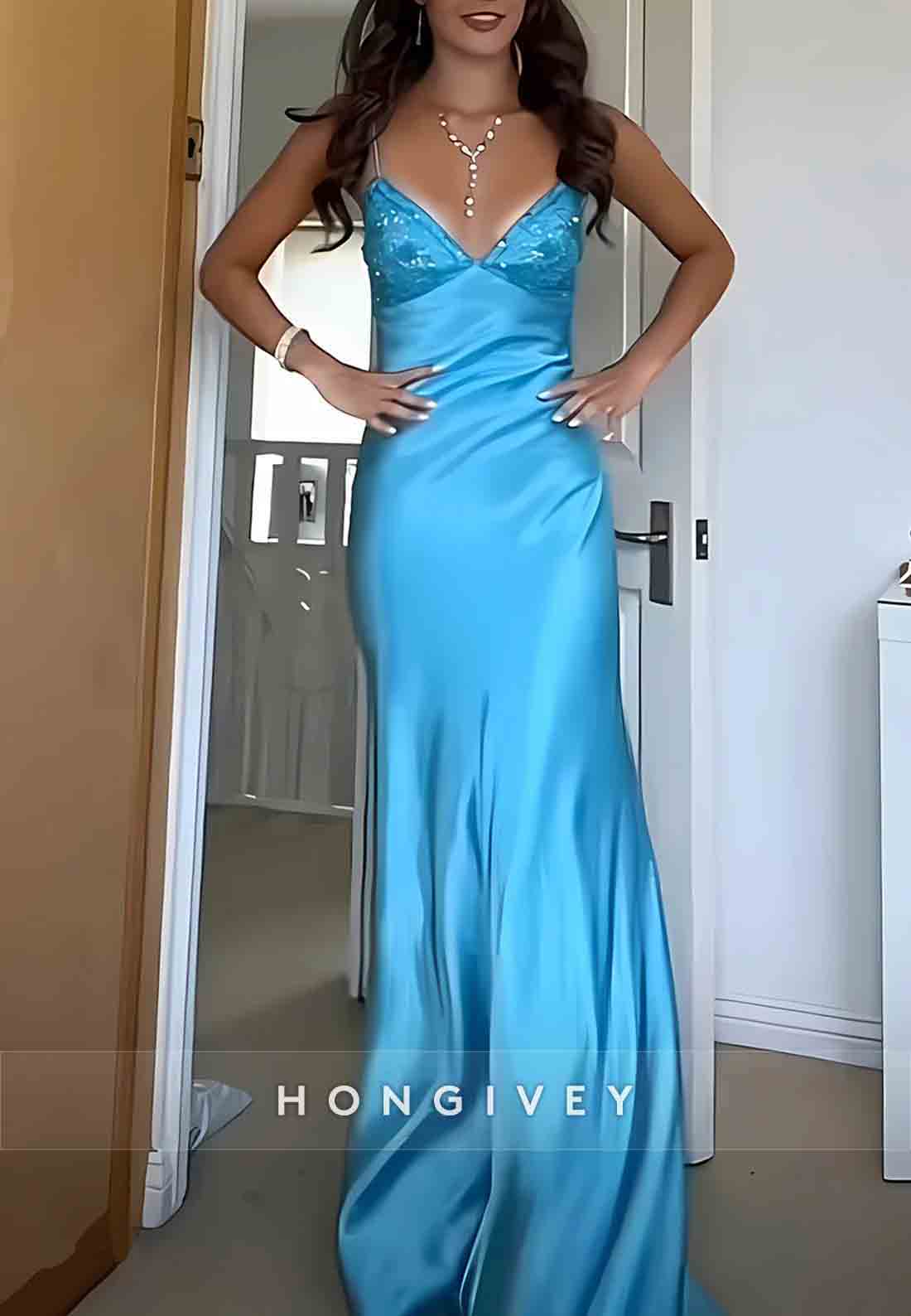 Stylish V-Neck Sheath Spaghetti Straps Blue Long Prom Dress with Backless