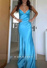 Stylish V-Neck Sheath Spaghetti Straps Blue Long Prom Dress with Backless
