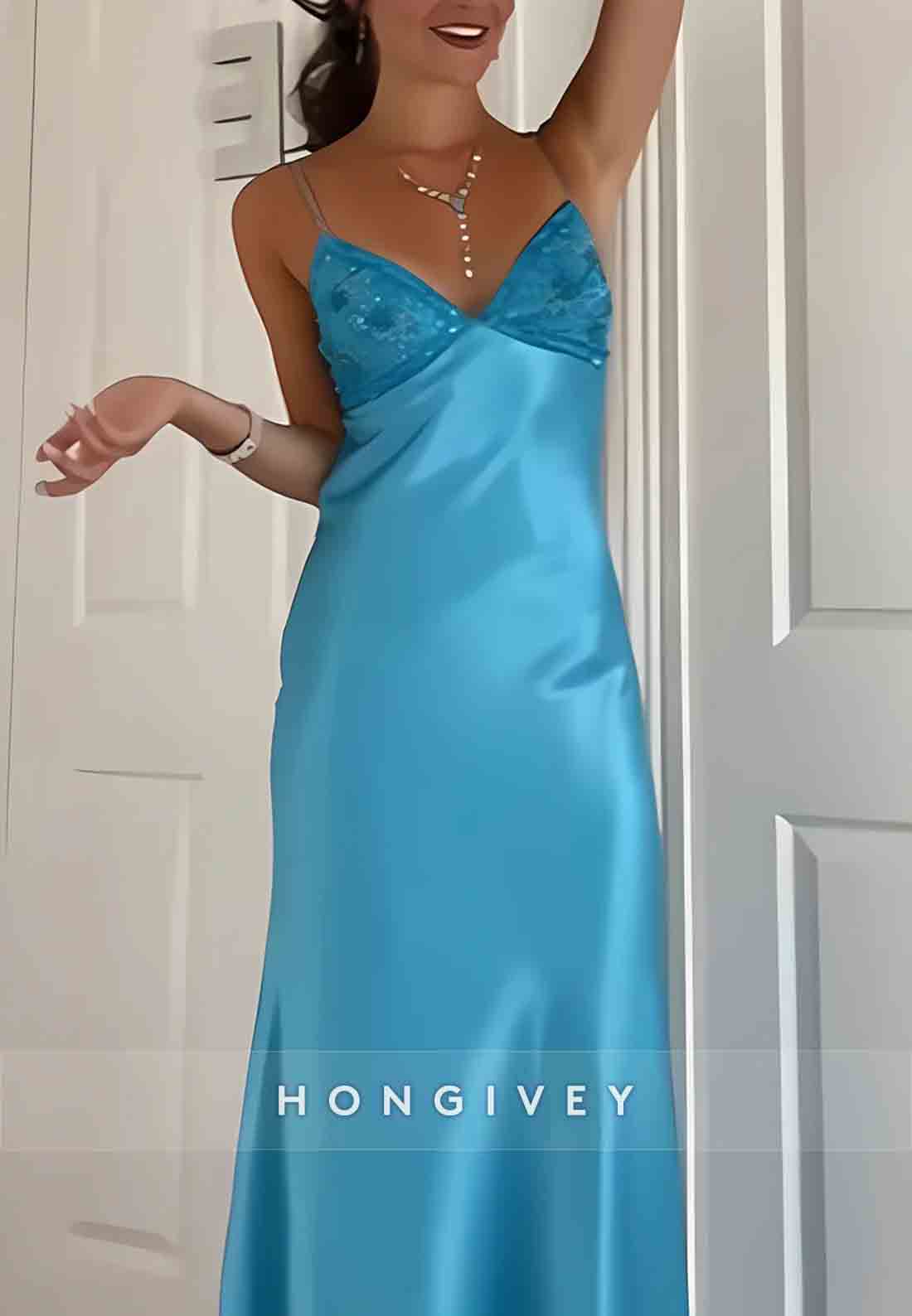 Stylish V-Neck Sheath Spaghetti Straps Blue Long Prom Dress with Backless