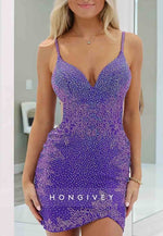 Sparkly Spaghetti Straps Sheath V-Neck Crisscross Back Mini Homecoming Dresses