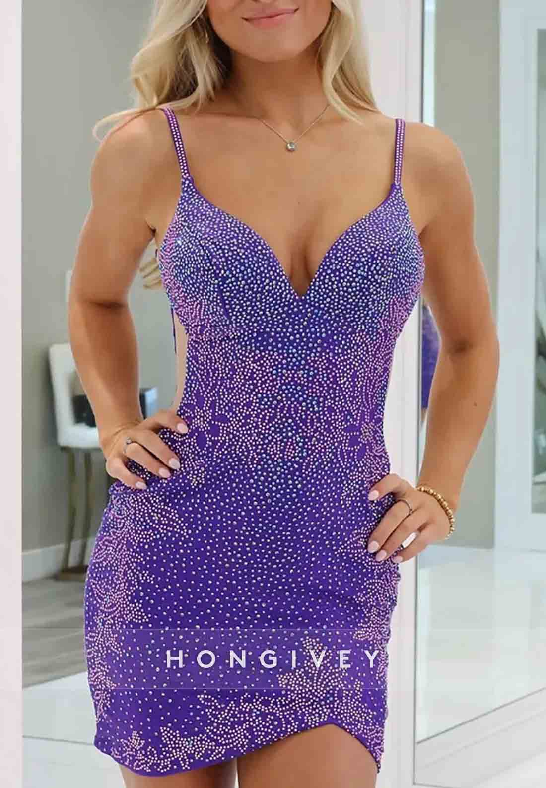 Sparkly Spaghetti Straps Sheath V-Neck Crisscross Back Mini Homecoming Dresses