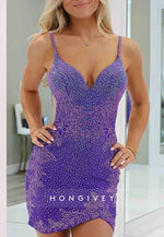 Sparkly Spaghetti Straps Sheath V-Neck Crisscross Back Mini Homecoming Dresses