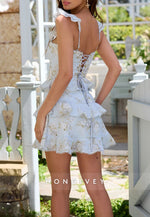 Stylish Sheath Square Neck Pink Printed Short Homecoming Dress with Ruffles