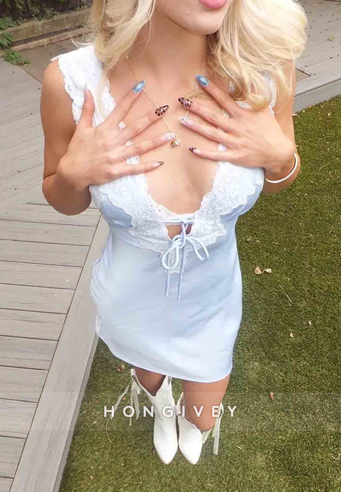 Stylish Sheath V Neck Light Blue Homecoming Dress Short Party Dress with Lace