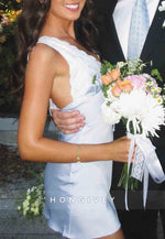 Stylish Sheath V Neck Light Blue Homecoming Dress Short Party Dress with Lace