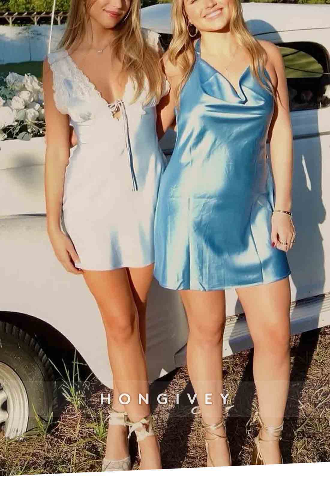 Stylish Sheath V Neck Light Blue Homecoming Dress Short Party Dress with Lace