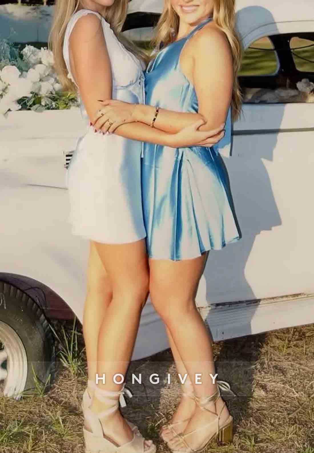 Stylish Sheath V Neck Light Blue Homecoming Dress Short Party Dress with Lace