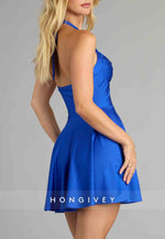 Royal Blue Halter Pleated  A-Line Empire Short Homecoming Dress