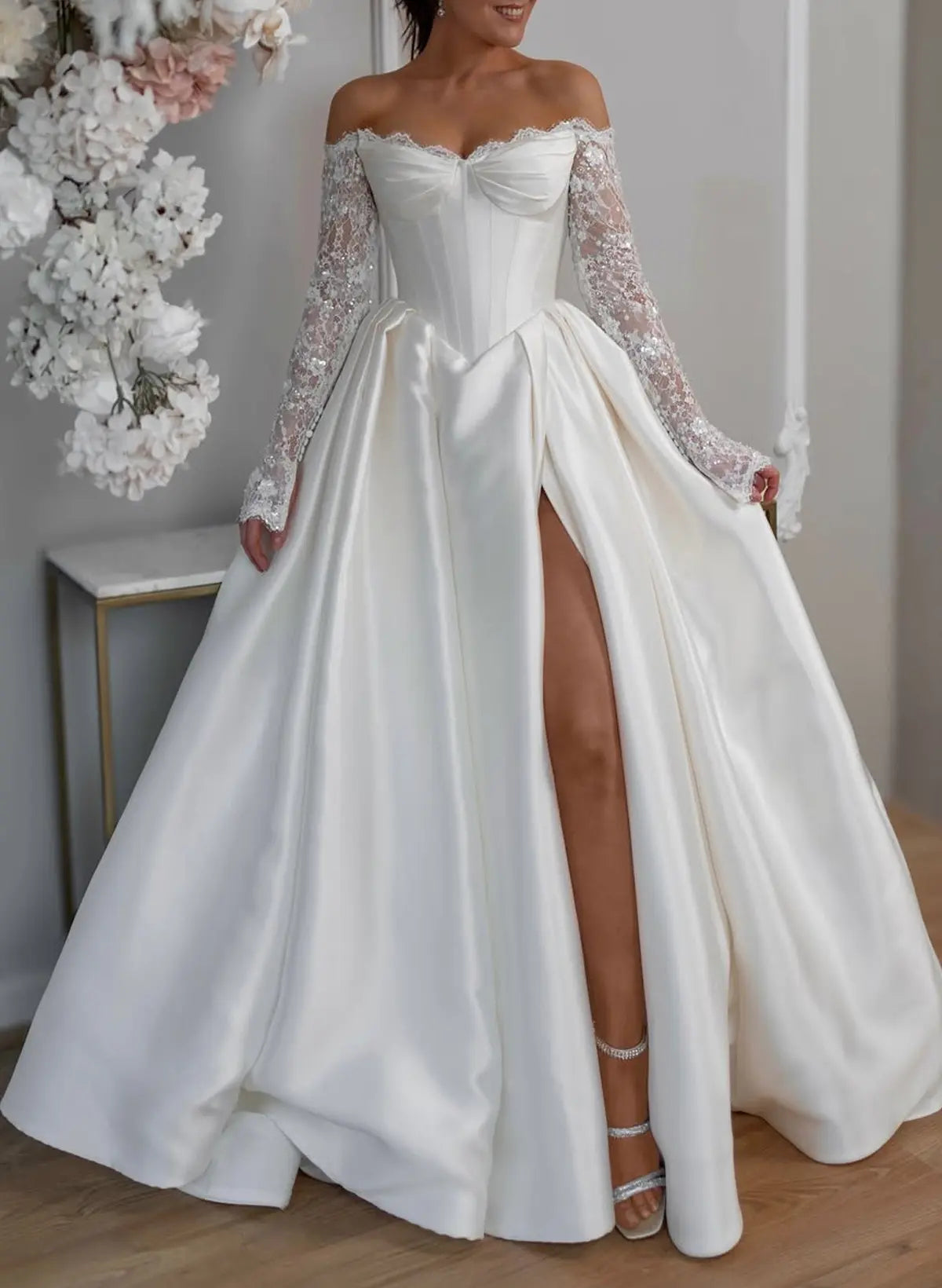 Off the Shoulder Lace Sparkle Long Sleeve A-Line Side Slit Wedding Dress