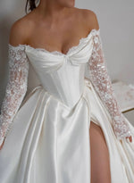 Off the Shoulder Lace Sparkle Long Sleeve A-Line Side Slit Wedding Dress