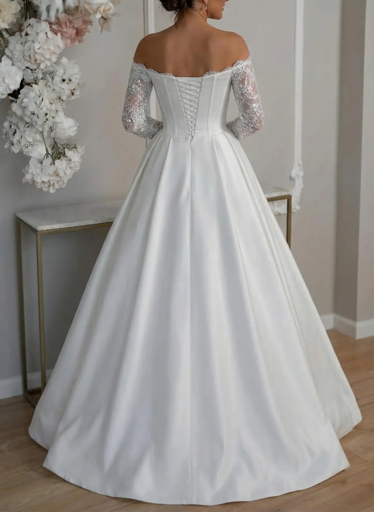 Off the Shoulder Lace Sparkle Long Sleeve A-Line Side Slit Wedding Dress