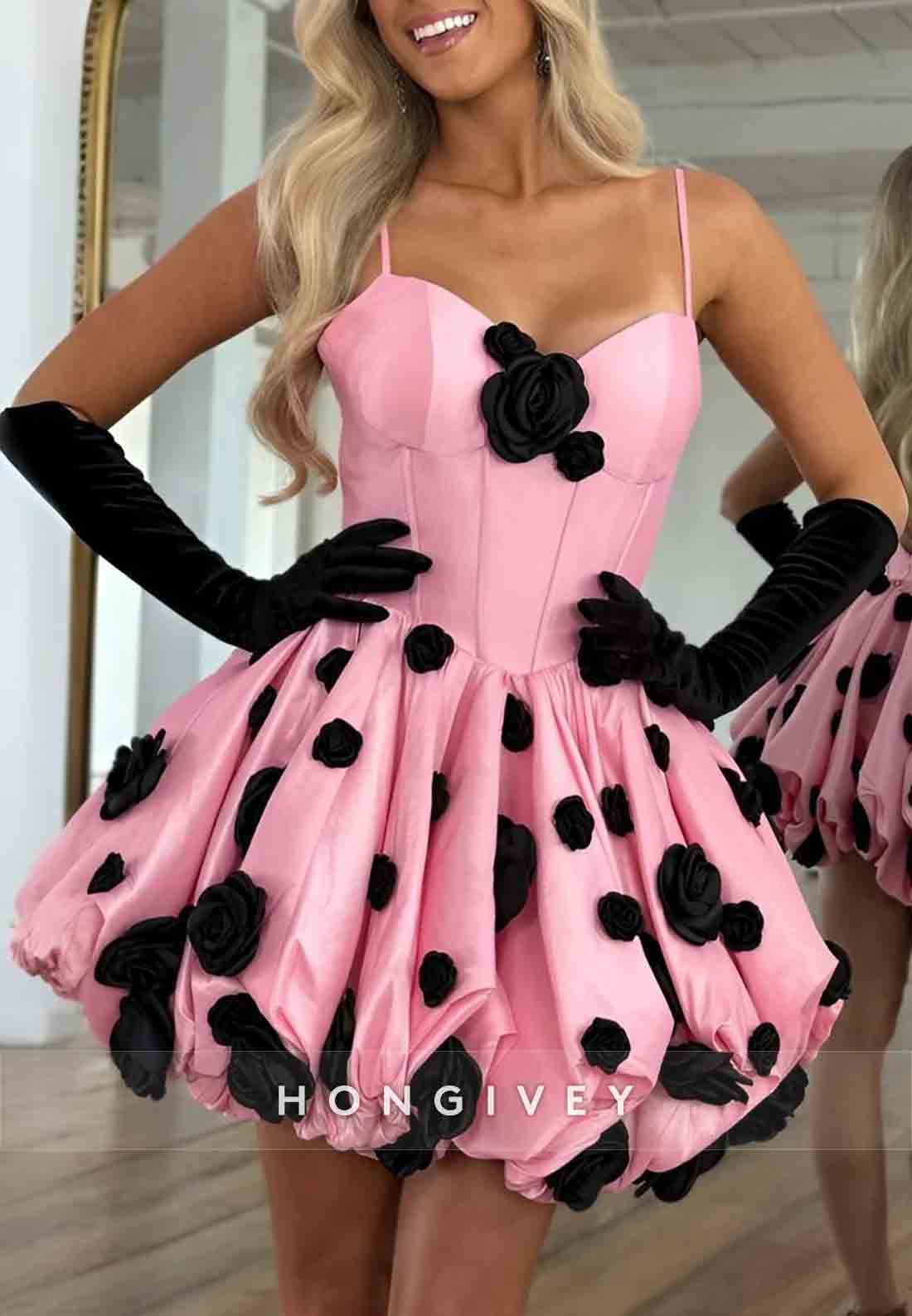 Spaghetti Straps Flowers Sweetheart Pleated Satin Princess Mini Homecoming Dresses