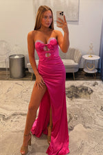 Sweetheart Satin Beaded Prom Gowns Mermaid Keyhole Evening Party Dress with Slit