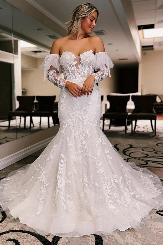 Sweetheart Trumpet Ivory Wedding Dress Floral Wedding Dress