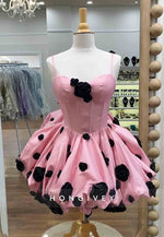 Spaghetti Straps Flowers Sweetheart Pleated Satin Princess Mini Homecoming Dresses
