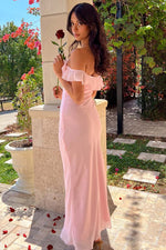Sweety Sheath Off the Shoulder Pink Long Prom Dress with Ruffles