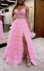 L2722 - Tulle A-Line Sweetheart Spaghetti Straps Appliques With Side SlitParty Prom Evening Dress