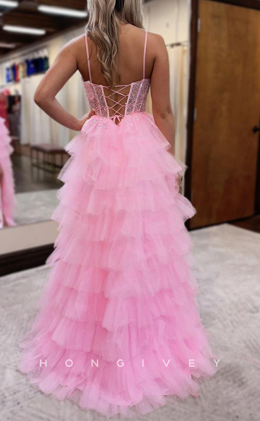 L2722 - Tulle A-Line Sweetheart Spaghetti Straps Appliques With Side SlitParty Prom Evening Dress