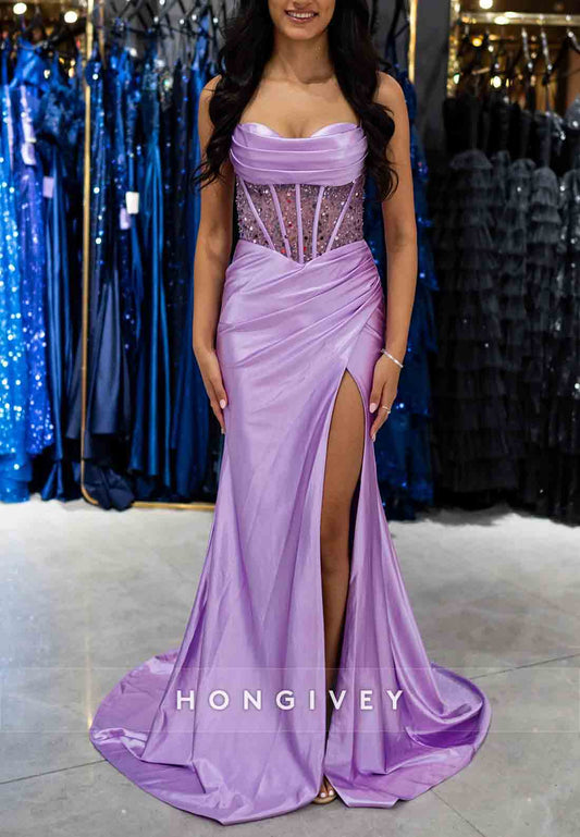 Lilac Sweetheart Satin High Slit Mermaid Prom Dresses with Sequins