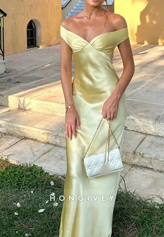 Floor-Length Off-Shoulder Satin Ruched Mermaid Guest of Wedding Prom Dresses