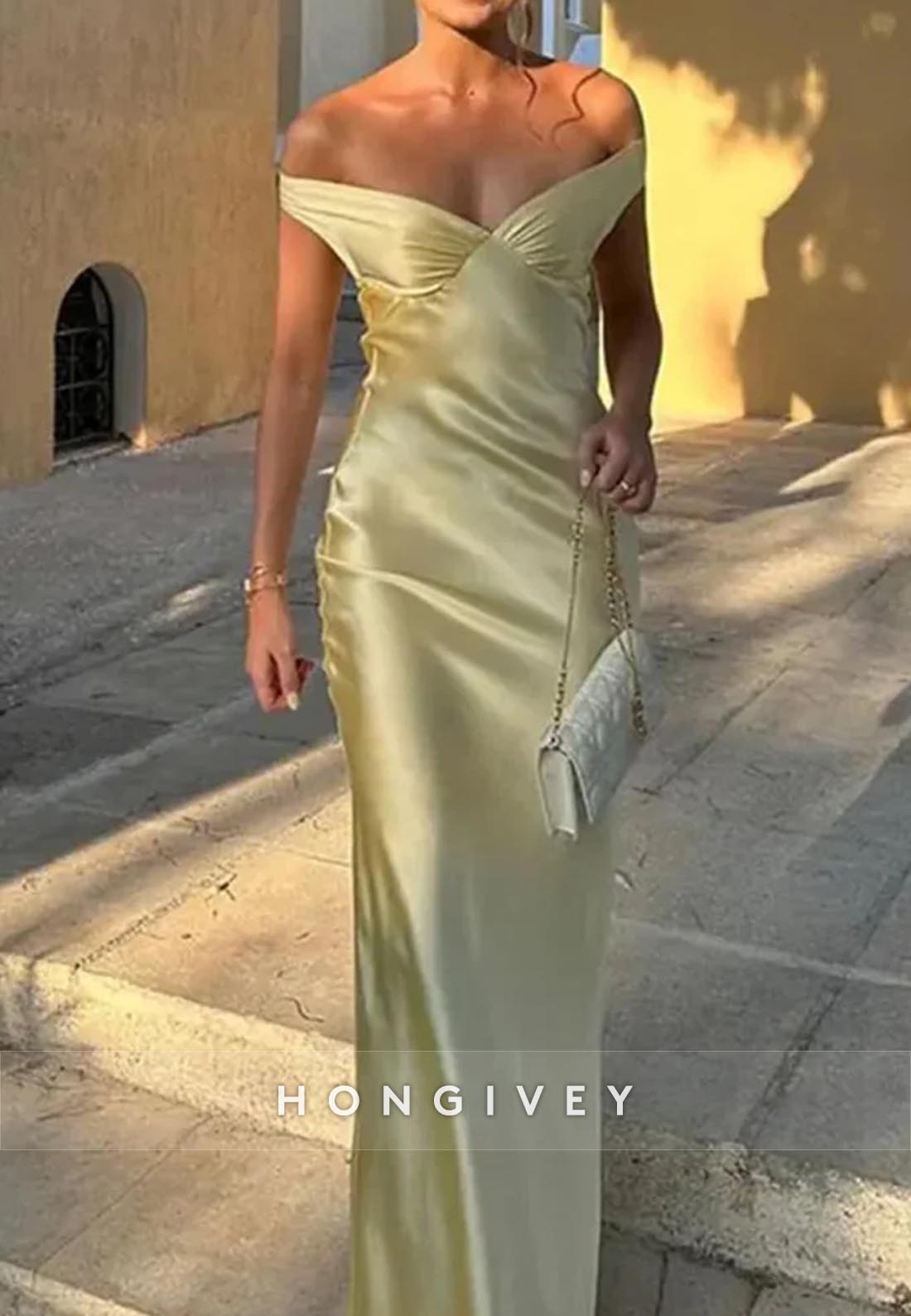 Floor-Length Off-Shoulder Satin Ruched Mermaid Guest of Wedding Prom Dresses