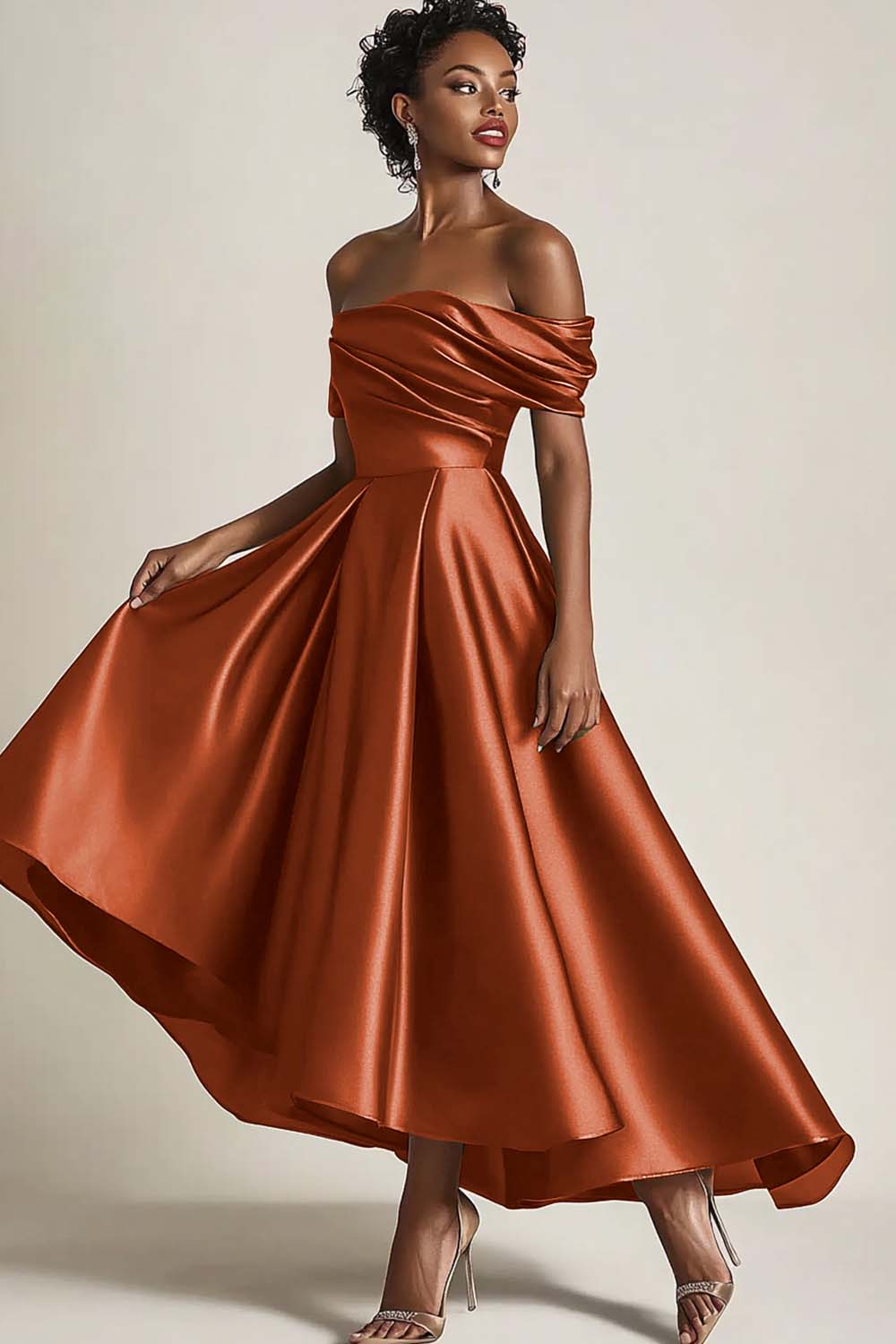 Olive A-Line Off the Shoulder Ruched Satin Long Mother of the Bride Dress