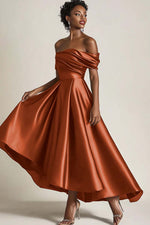 Olive A-Line Off the Shoulder Ruched Satin Long Mother of the Bride Dress