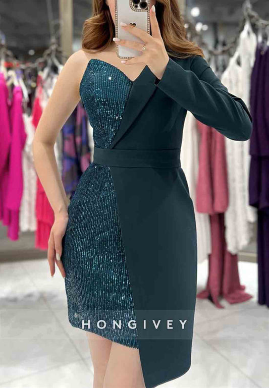 Dark Green One Shoulder Sheath Asymmetrical Short Homecoming Dresses