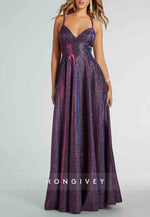Spaghetti Straps A-Line Stunning Purple Glitter Prom Dresses Crisscross Back Formal Dress