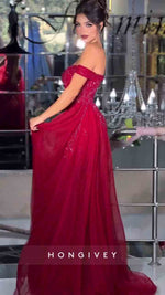 Off the Shoulder A-Line Slit Prom Dress