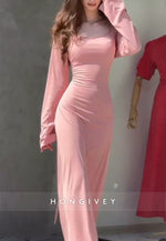 Long Sleeves Column Ankle-Length Pleated Square Neck Pink Dress