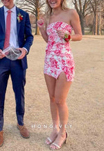 Touching Sheath Strapless Side Slit Floral Printed Short Homecoming Dress