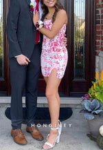 Touching Sheath Strapless Side Slit Floral Printed Short Homecoming Dress