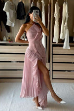Trendy A Line Halter Neck Pink Long Prom Dress with Ruffles